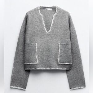 CONTRAST TOPSTITCHING CROP KNIT SWEATER